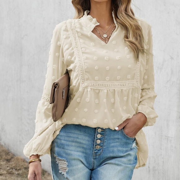 boho v neck swiss dot lace detail blouse Sage - Picture 6 of 10